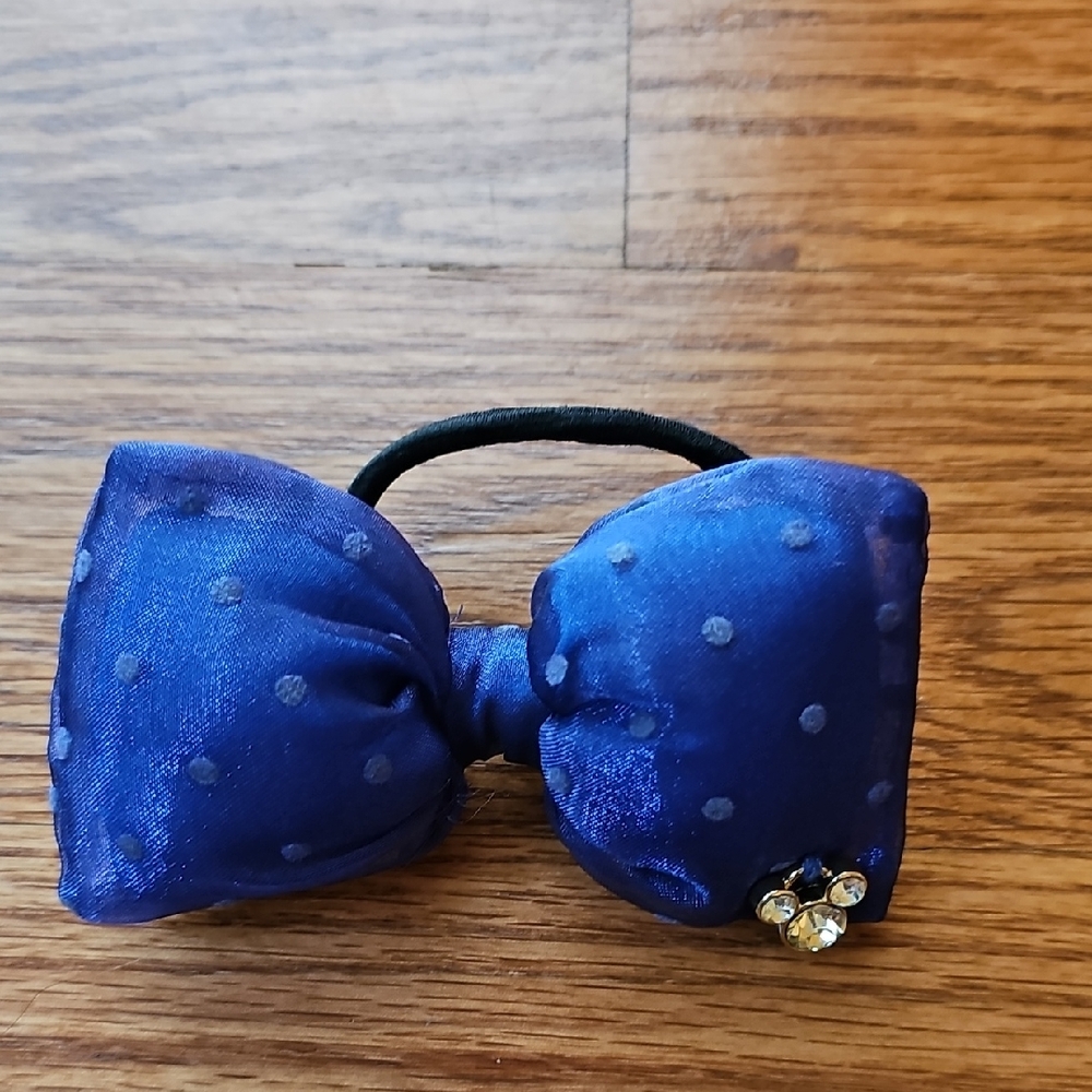 Blue Polka Dot Hair Bow Elastic with Rhinestone Accent